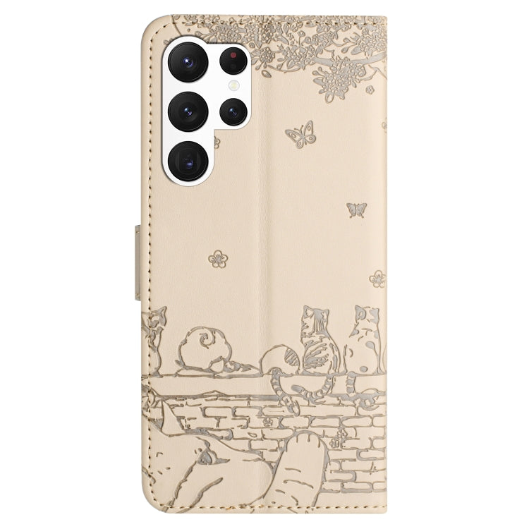For Samsung Galaxy S25 Ultra 5G Cat Embossing Pattern Leather Phone Case with Lanyard(Beige)