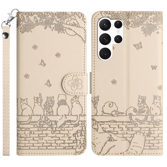For Samsung Galaxy S25 Ultra 5G Cat Embossing Pattern Leather Phone Case with Lanyard(Beige)