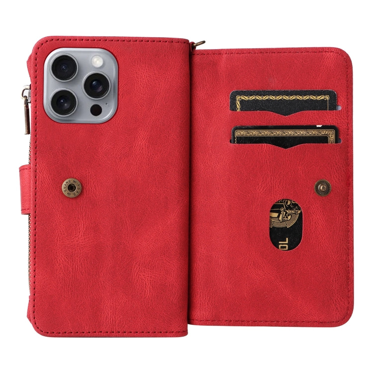 For iPhone 16 Pro Max Skin Feel Multi Card Slots Zipper Wallet Leather Phone Case(Red)
