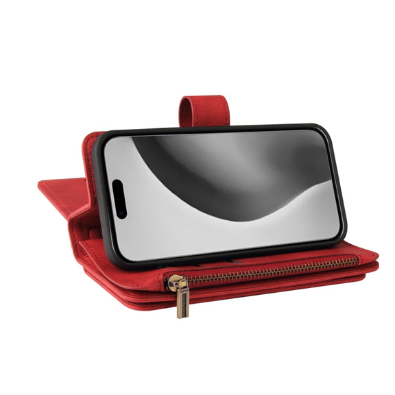 For iPhone 16 Pro Max Skin Feel Multi Card Slots Zipper Wallet Leather Phone Case(Red)