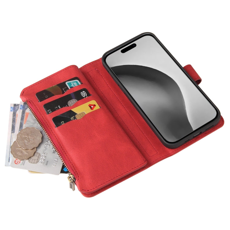 For iPhone 16 Pro Max Skin Feel Multi Card Slots Zipper Wallet Leather Phone Case(Red)