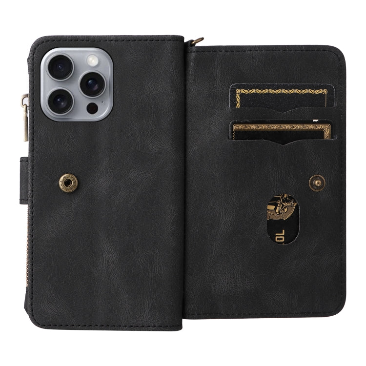 For iPhone 16 Pro Max Skin Feel Multi Card Slots Zipper Wallet Leather Phone Case(Black)