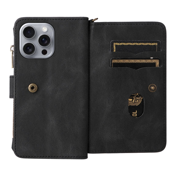 For iPhone 16 Pro Max Skin Feel Multi Card Slots Zipper Wallet Leather Phone Case(Black)