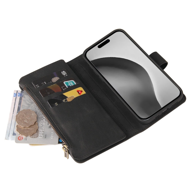 For iPhone 16 Pro Max Skin Feel Multi Card Slots Zipper Wallet Leather Phone Case(Black)