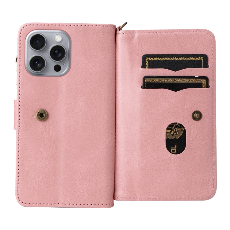 For iPhone 16 Pro Max Skin Feel Multi Card Slots Zipper Wallet Leather Phone Case(Pink)