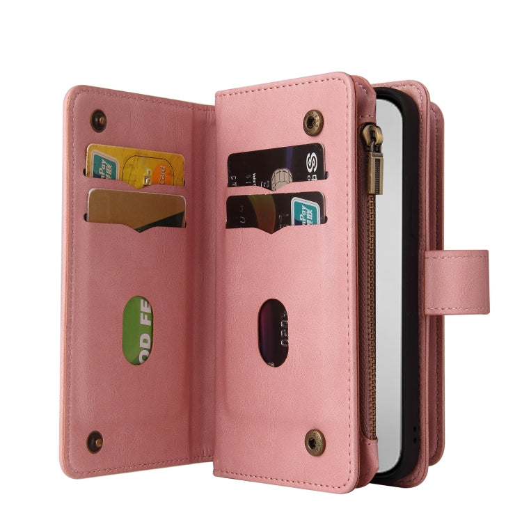 For iPhone 16 Pro Max Skin Feel Multi Card Slots Zipper Wallet Leather Phone Case(Pink)