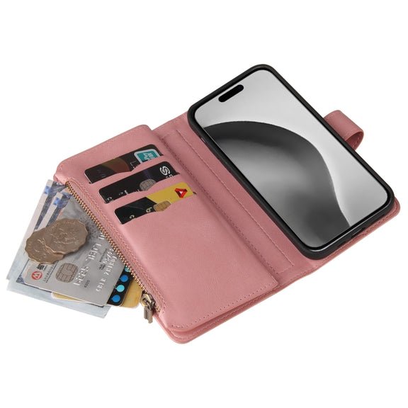 For iPhone 16 Pro Max Skin Feel Multi Card Slots Zipper Wallet Leather Phone Case(Pink)
