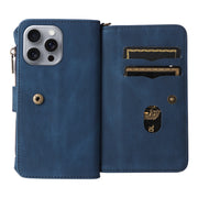 For iPhone 16 Pro Max Skin Feel Multi Card Slots Zipper Wallet Leather Phone Case(Blue)