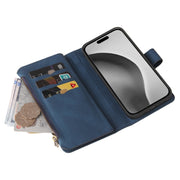 For iPhone 16 Pro Max Skin Feel Multi Card Slots Zipper Wallet Leather Phone Case(Blue)
