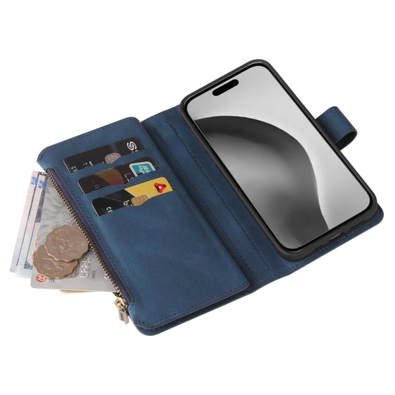 For iPhone 16 Pro Max Skin Feel Multi Card Slots Zipper Wallet Leather Phone Case(Blue)