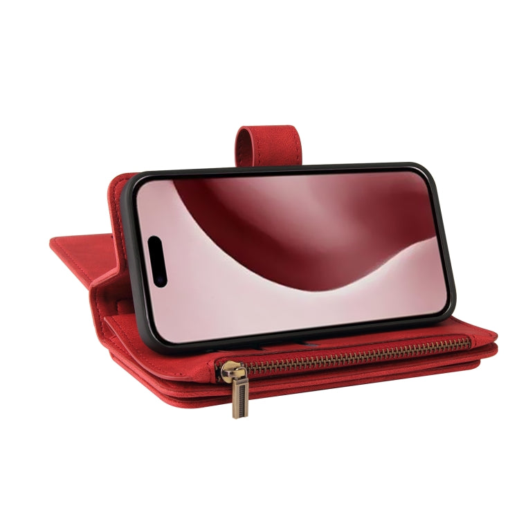 For iPhone 16 Pro Skin Feel Multi Card Slots Zipper Wallet Leather Phone Case(Red)
