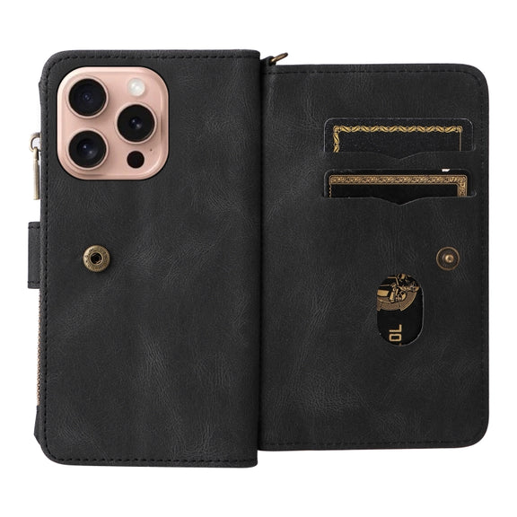 For iPhone 16 Pro Skin Feel Multi Card Slots Zipper Wallet Leather Phone Case(Black)