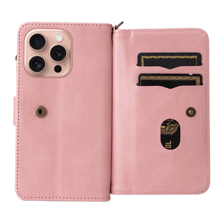 For iPhone 16 Pro Skin Feel Multi Card Slots Zipper Wallet Leather Phone Case(Pink)