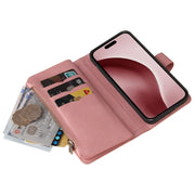 For iPhone 16 Pro Skin Feel Multi Card Slots Zipper Wallet Leather Phone Case(Pink)