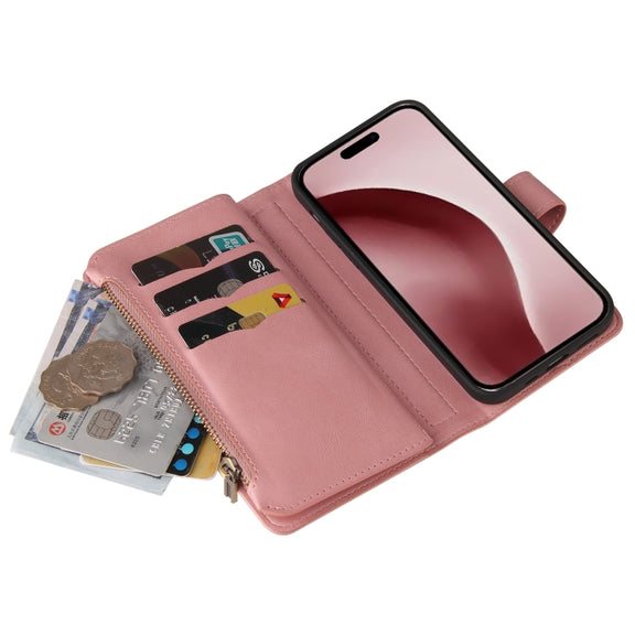 For iPhone 16 Pro Skin Feel Multi Card Slots Zipper Wallet Leather Phone Case(Pink)