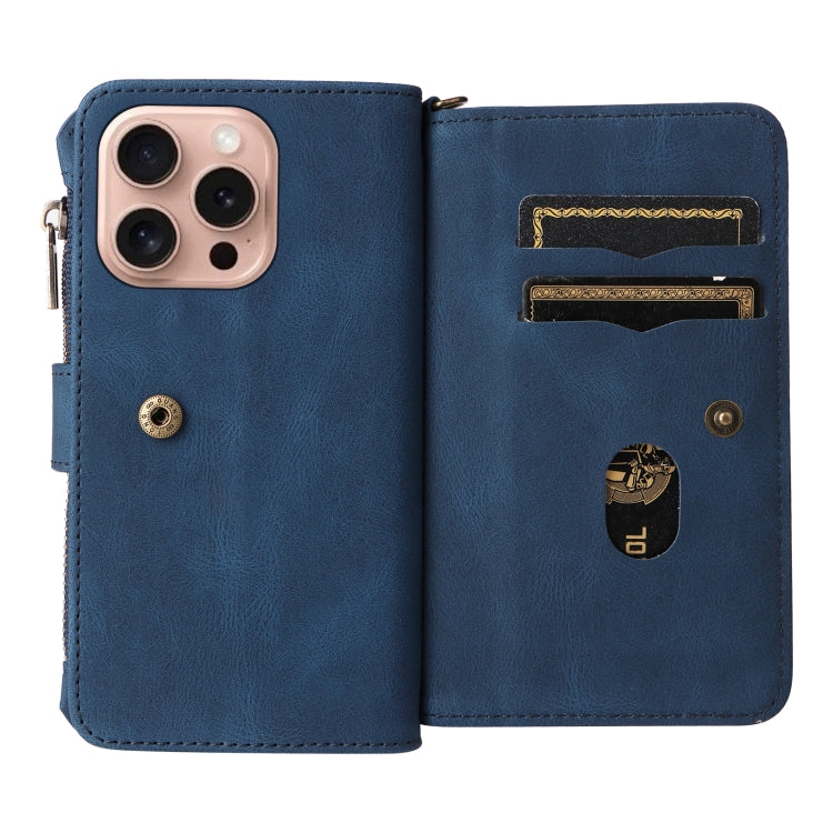 For iPhone 16 Pro Skin Feel Multi Card Slots Zipper Wallet Leather Phone Case(Blue)
