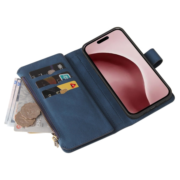 For iPhone 16 Pro Skin Feel Multi Card Slots Zipper Wallet Leather Phone Case(Blue)
