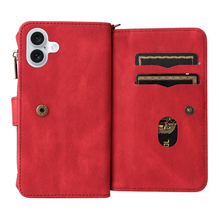 For iPhone 16 Plus Skin Feel Multi Card Slots Zipper Wallet Leather Phone Case(Red)