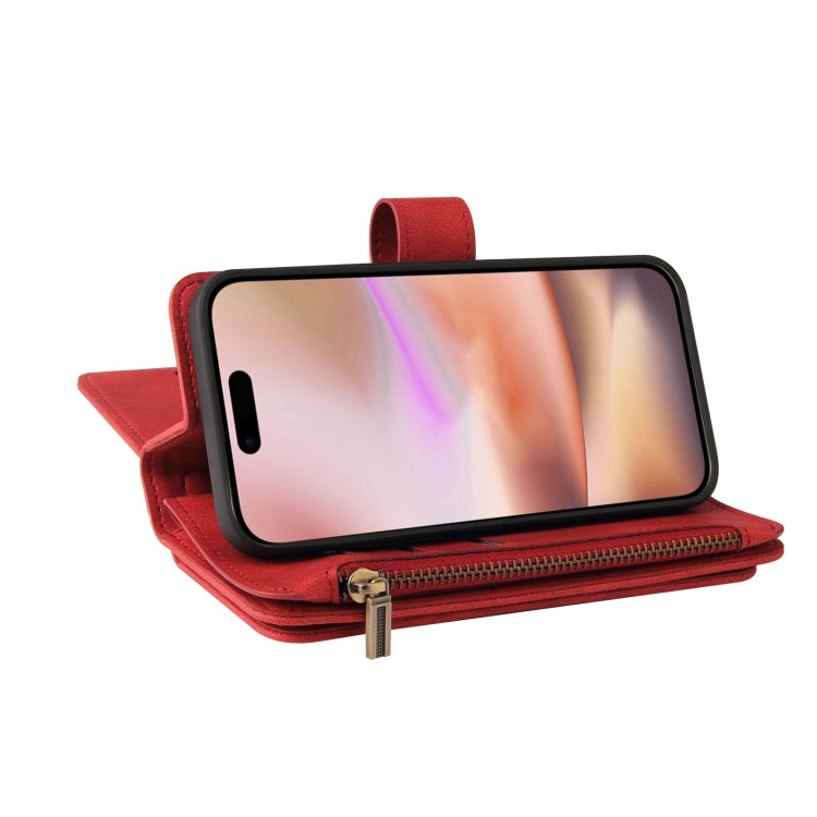 For iPhone 16 Plus Skin Feel Multi Card Slots Zipper Wallet Leather Phone Case(Red)