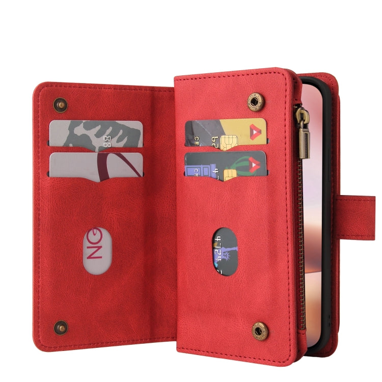 For iPhone 16 Plus Skin Feel Multi Card Slots Zipper Wallet Leather Phone Case(Red)