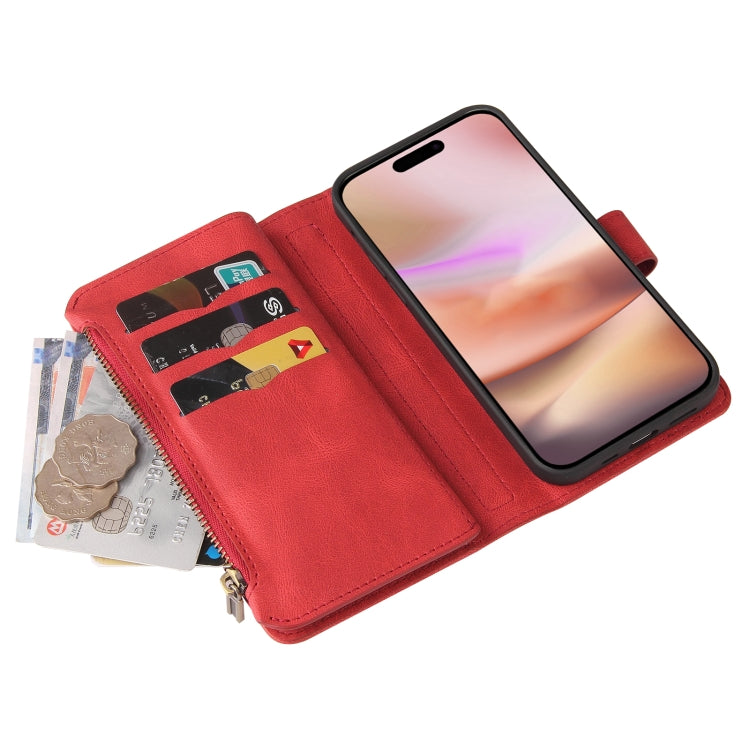 For iPhone 16 Plus Skin Feel Multi Card Slots Zipper Wallet Leather Phone Case(Red)