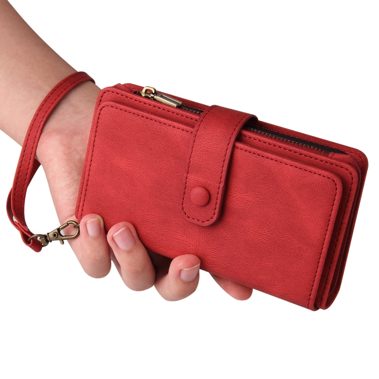 For iPhone 16 Plus Skin Feel Multi Card Slots Zipper Wallet Leather Phone Case(Red)