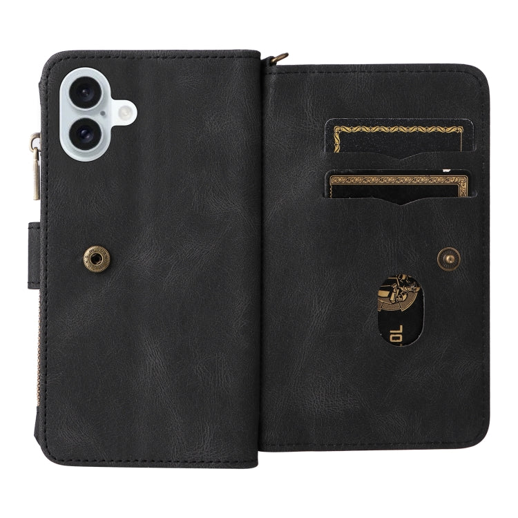 For iPhone 16 Plus Skin Feel Multi Card Slots Zipper Wallet Leather Phone Case(Black)