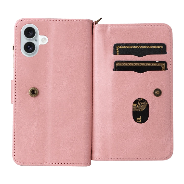 For iPhone 16 Plus Skin Feel Multi Card Slots Zipper Wallet Leather Phone Case(Pink)