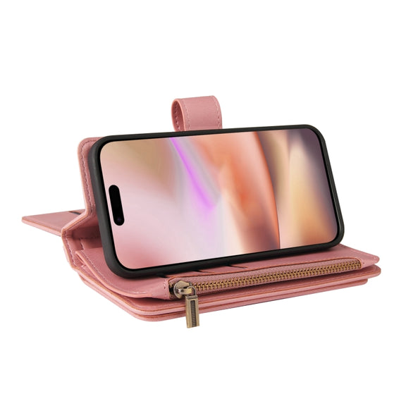 For iPhone 16 Plus Skin Feel Multi Card Slots Zipper Wallet Leather Phone Case(Pink)