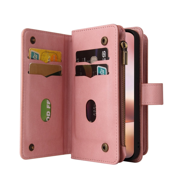 For iPhone 16 Plus Skin Feel Multi Card Slots Zipper Wallet Leather Phone Case(Pink)