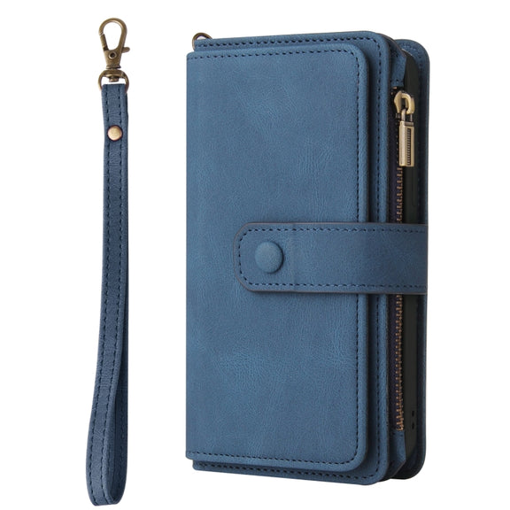 For iPhone 16 Plus Skin Feel Multi Card Slots Zipper Wallet Leather Phone Case(Blue)
