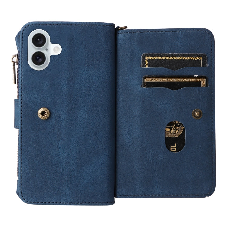 For iPhone 16 Plus Skin Feel Multi Card Slots Zipper Wallet Leather Phone Case(Blue)