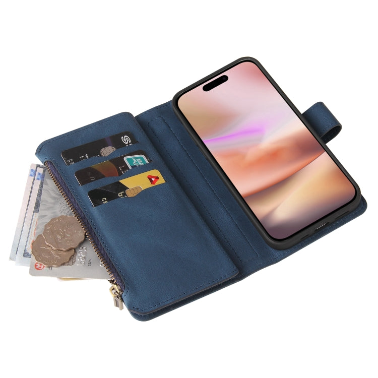 For iPhone 16 Plus Skin Feel Multi Card Slots Zipper Wallet Leather Phone Case(Blue)