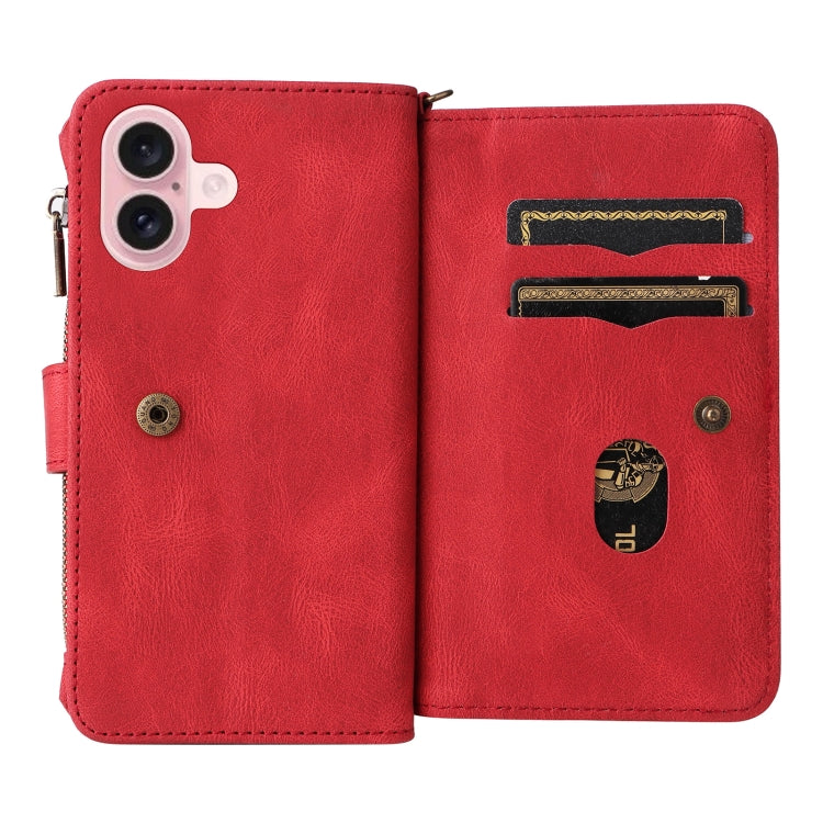 For iPhone 16 Skin Feel Multi Card Slots Zipper Wallet Leather Phone Case(Red)