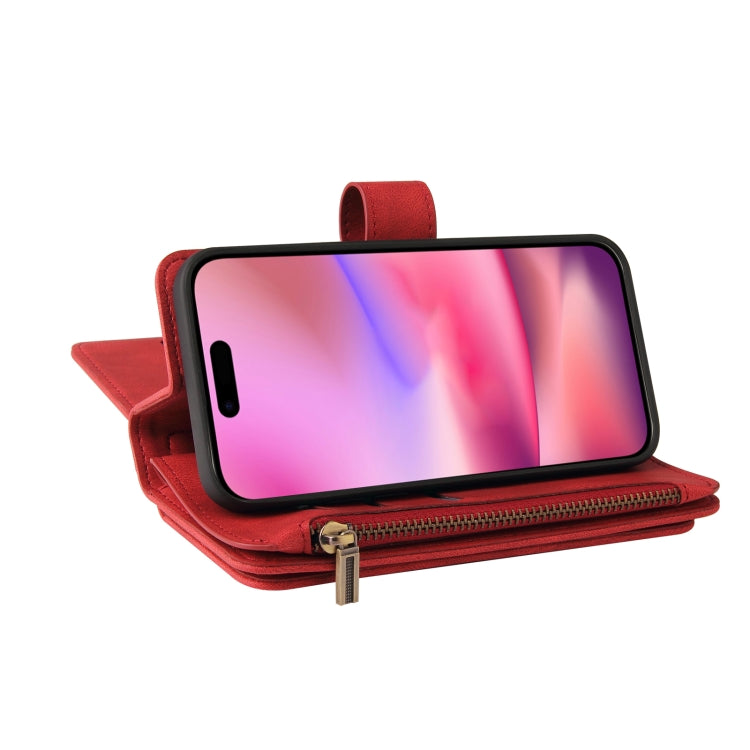For iPhone 16 Skin Feel Multi Card Slots Zipper Wallet Leather Phone Case(Red)