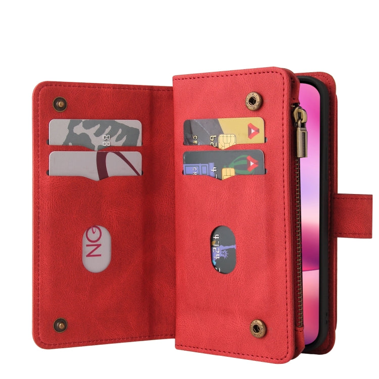 For iPhone 16 Skin Feel Multi Card Slots Zipper Wallet Leather Phone Case(Red)