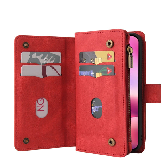 For iPhone 16 Skin Feel Multi Card Slots Zipper Wallet Leather Phone Case(Red)