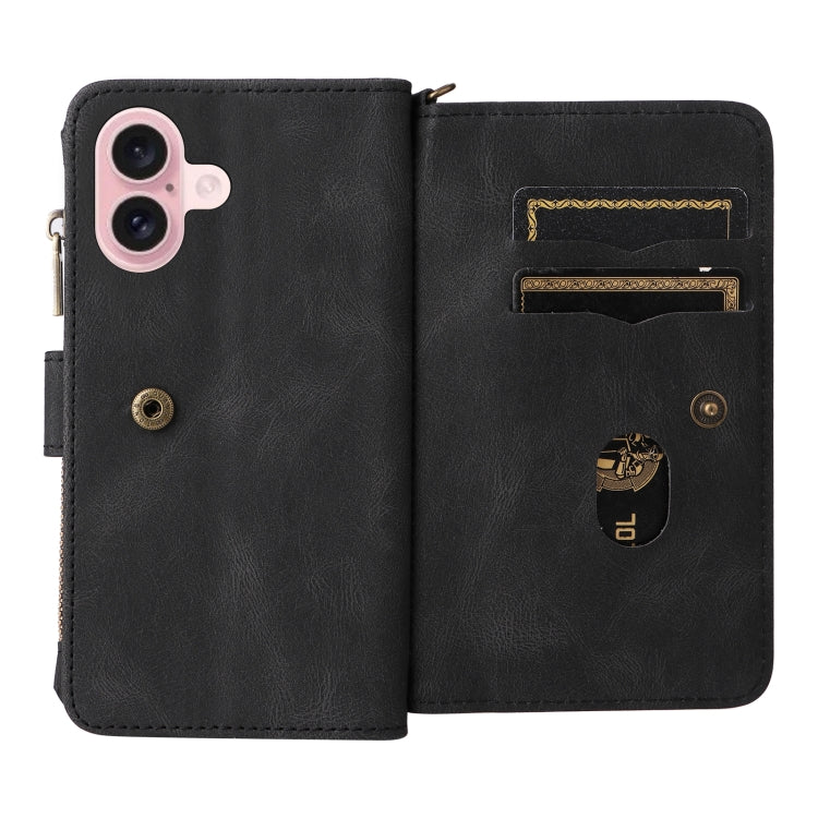 For iPhone 16 Skin Feel Multi Card Slots Zipper Wallet Leather Phone Case(Black)