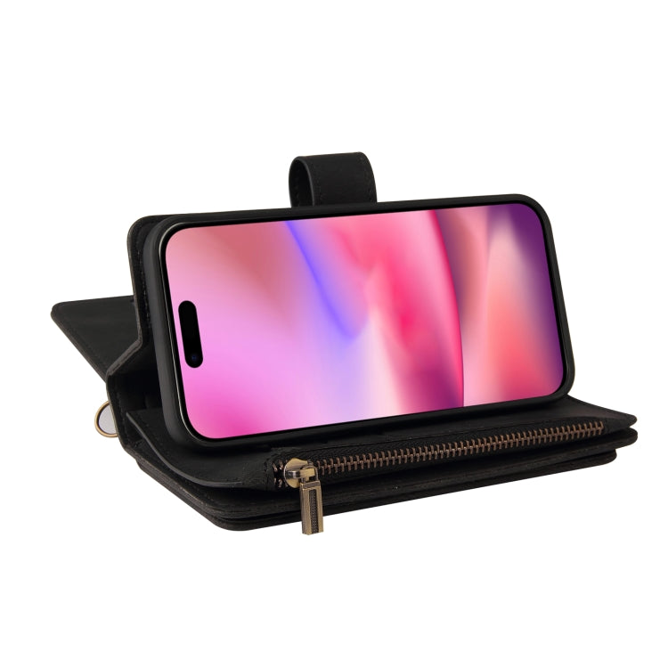 For iPhone 16 Skin Feel Multi Card Slots Zipper Wallet Leather Phone Case(Black)