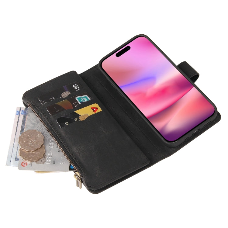 For iPhone 16 Skin Feel Multi Card Slots Zipper Wallet Leather Phone Case(Black)