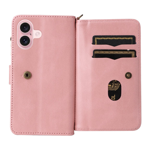 For iPhone 16 Skin Feel Multi Card Slots Zipper Wallet Leather Phone Case(Pink)