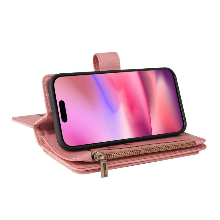 For iPhone 16 Skin Feel Multi Card Slots Zipper Wallet Leather Phone Case(Pink)