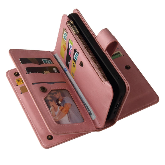 For iPhone 16 Skin Feel Multi Card Slots Zipper Wallet Leather Phone Case(Pink)