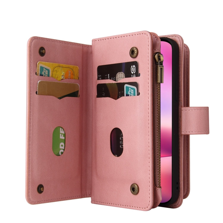 For iPhone 16 Skin Feel Multi Card Slots Zipper Wallet Leather Phone Case(Pink)