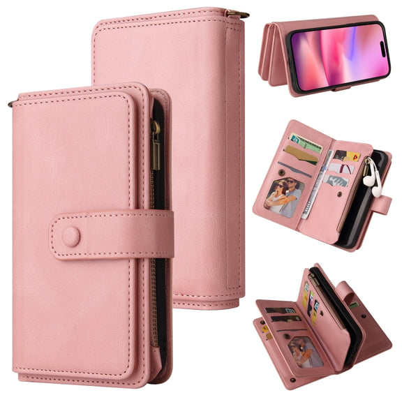 For iPhone 16 Skin Feel Multi Card Slots Zipper Wallet Leather Phone Case(Pink)