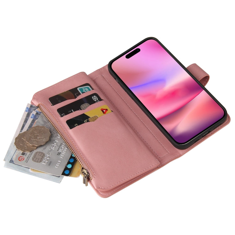 For iPhone 16 Skin Feel Multi Card Slots Zipper Wallet Leather Phone Case(Pink)