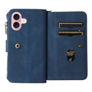 For iPhone 16 Skin Feel Multi Card Slots Zipper Wallet Leather Phone Case(Blue)