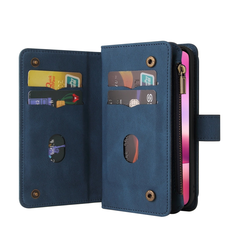 For iPhone 16 Skin Feel Multi Card Slots Zipper Wallet Leather Phone Case(Blue)