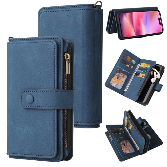 For iPhone 16 Skin Feel Multi Card Slots Zipper Wallet Leather Phone Case(Blue)
