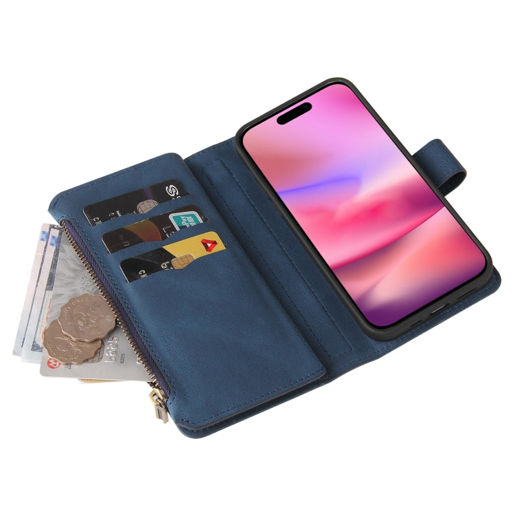 For iPhone 16 Skin Feel Multi Card Slots Zipper Wallet Leather Phone Case(Blue)